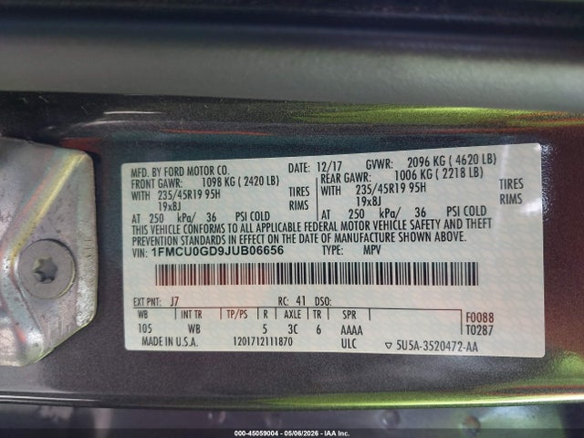 2018 Ford Escape Se მანქანა იყიდება აუქციონზე, vin: 1FMCU0GD9JUB06656, აუქციონის ნომერი: 45059004