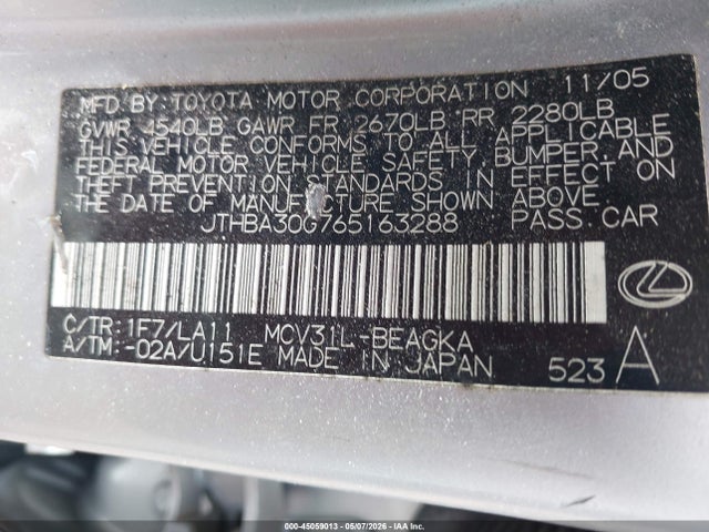 Aukcja sprzedaży 2006 Lexus Es 330, vin: JTHBA30G765163288, numer aukcji: 45059013