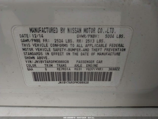 45059019 :رقم المزاد ، JN1BV7AR0FM398928 vin ، 2015 Infiniti Q50 مزاد بيع