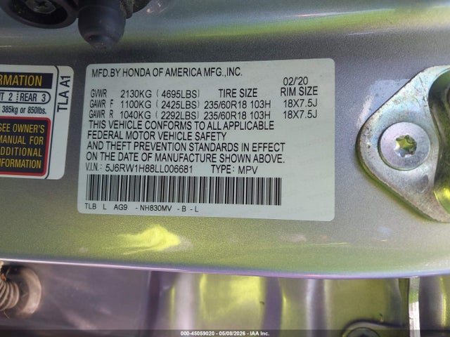 Продаж на аукціоні авто 2020 Honda Cr-v 2wd Ex-l, vin: 5J6RW1H88LL006681, номер лоту: 45059020