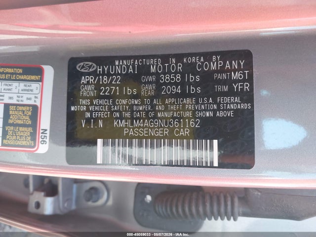 Aukcja sprzedaży 2022 Hyundai Elantra Sel, vin: KMHLM4AG9NU361162, numer aukcji: 45059033