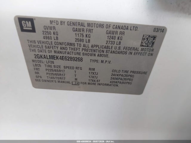 45059034 :رقم المزاد ، 2GKALMEK4E6289268 vin ، 2014 Gmc Terrain Sle-1 مزاد بيع
