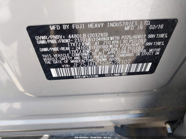 Продаж на аукціоні авто 2016 Subaru Forester 2.5i Premium, vin: JF2SJADC5GH528307, номер лоту: 45059041