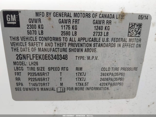 2014 Chevrolet Equinox 1lt მანქანა იყიდება აუქციონზე, vin: 2GNFLFEK0E6340348, აუქციონის ნომერი: 45059047