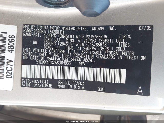 45059065 :رقم المزاد ، 5TDKK4CC7AS301055 vin ، 2010 Toyota Sienna Le مزاد بيع