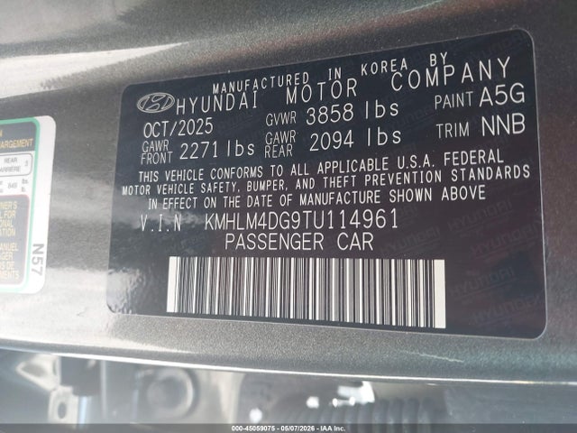 Aukcja sprzedaży 2026 Hyundai Elantra Sel Sport, vin: KMHLM4DG9TU114961, numer aukcji: 45059075