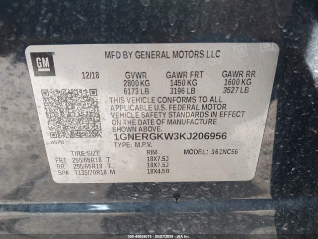 45059076 :رقم المزاد ، 1GNERGKW3KJ206956 vin ، 2019 Chevrolet Traverse 1lt مزاد بيع