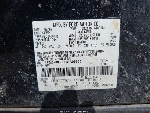 45059077 :رقم المزاد ، 1FM5K8D80HGA95365 vin ، 2017 Ford Explorer Xlt مزاد بيع