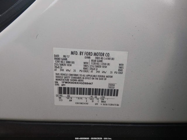 45059080 :رقم المزاد ، 1FM5K8D8XHGD88447 vin ، 2017 Ford Explorer Xlt مزاد بيع