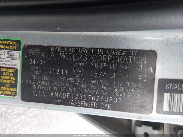 45059081 :رقم المزاد ، KNADE123376263832 vin ، 2007 Kia Rio Lx مزاد بيع