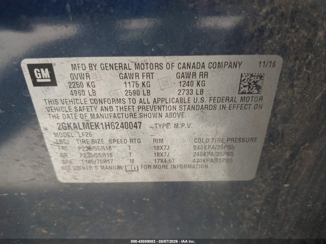 Auction sale of the 2017 Gmc Terrain Sle-1, vin: 2GKALMEK1H6240047, lot number: 45059083