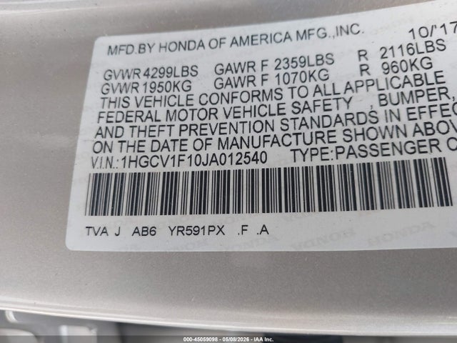 Honda ACCORD LX 2018 1HGCV1F10JA012540 Image 9