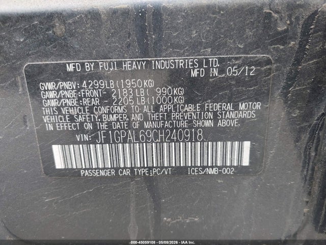 45059108 :رقم المزاد ، JF1GPAL69CH240918 vin ، 2012 Subaru Impreza 2.0i Sport Premium مزاد بيع