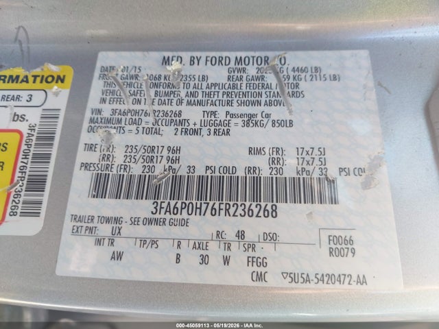 Продаж на аукціоні авто 2015 Ford Fusion Se, vin: 3FA6P0H76FR236268, номер лоту: 45059113
