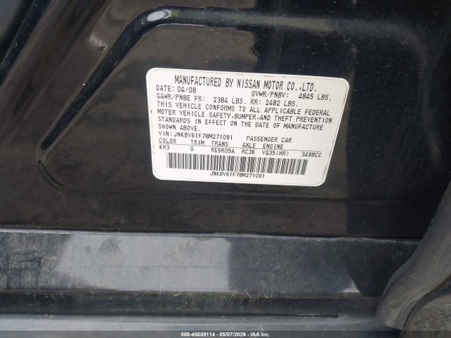 Aukcja sprzedaży 2008 Infiniti G35x, vin: JNKBV61F78M271091, numer aukcji: 45059114