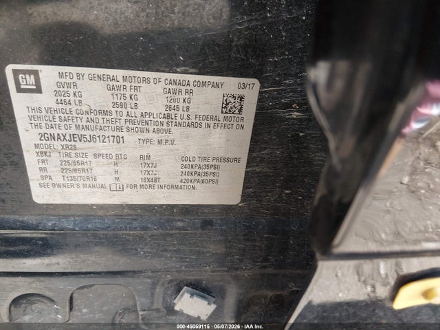 Продажа на аукционе авто 2018 Chevrolet Equinox Lt, vin: 2GNAXJEV5J6121701, номер лота: 45059115
