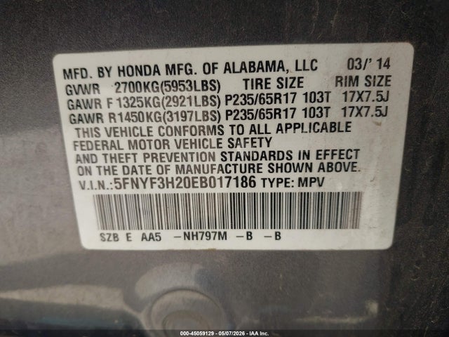 Aukcja sprzedaży 2014 Honda Pilot Lx, vin: 5FNYF3H20EB017186, numer aukcji: 45059129
