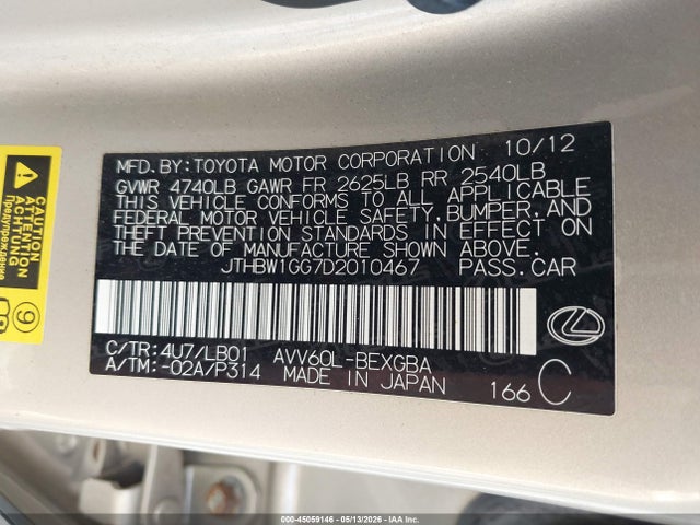 2013 Lexus Es 300h მანქანა იყიდება აუქციონზე, vin: JTHBW1GG7D2010467, აუქციონის ნომერი: 45059146