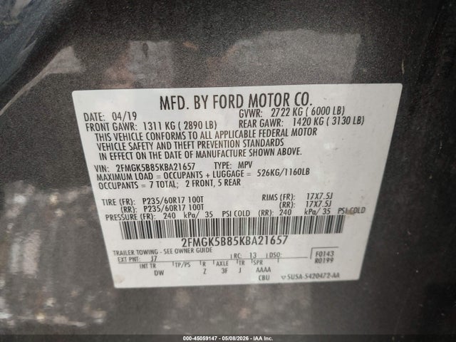 Продажа на аукционе авто 2019 Ford Flex Se, vin: 2FMGK5B85KBA21657, номер лота: 45059147
