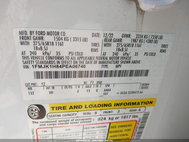 45059155 :رقم المزاد ، 1FMJK1H84PEA06746 vin ، 2023 Ford Expedition Xlt Max مزاد بيع
