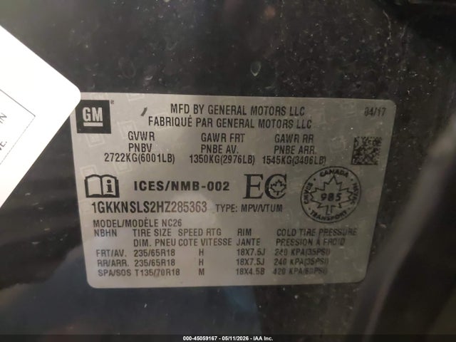 Продаж на аукціоні авто 2017 Gmc Acadia Sle-2, vin: 1GKKNSLS2HZ285363, номер лоту: 45059167