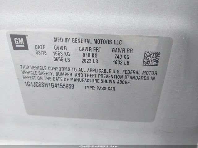 45059170 :رقم المزاد ، 1G1JC6SH1G4155959 vin ، 2016 Chevrolet Sonic Lt Auto مزاد بيع