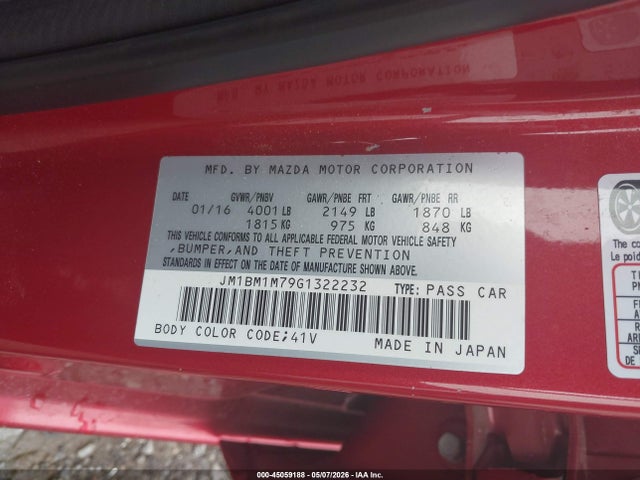 45059188 :رقم المزاد ، JM1BM1M79G1322232 vin ، 2016 Mazda Mazda3 I Touring مزاد بيع