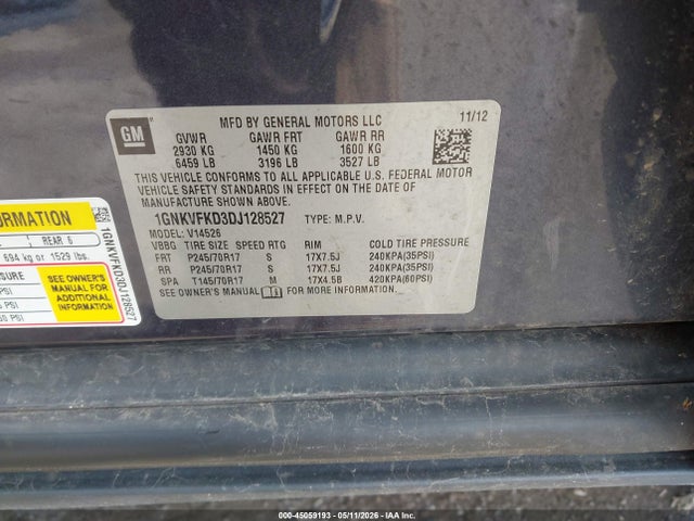 2013 Chevrolet Traverse Ls მანქანა იყიდება აუქციონზე, vin: 1GNKVFKD3DJ128527, აუქციონის ნომერი: 45059193