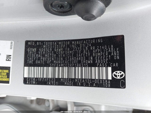 Aukcja sprzedaży 2024 Toyota Corolla Se, vin: 5YFS4MCE0RP186315, numer aukcji: 45059198