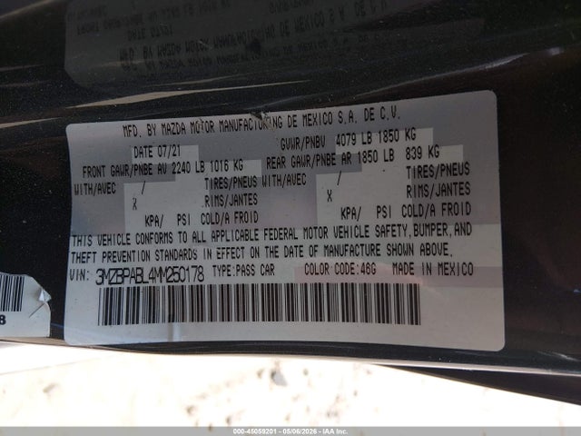45059201 :رقم المزاد ، 3MZBPABL4MM250178 vin ، 2021 Mazda Mazda3 Select مزاد بيع