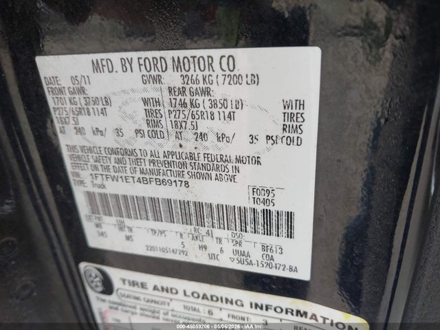 Aukcja sprzedaży 2011 Ford F-150 Xlt, vin: 1FTFW1ET4BFB69178, numer aukcji: 45059206