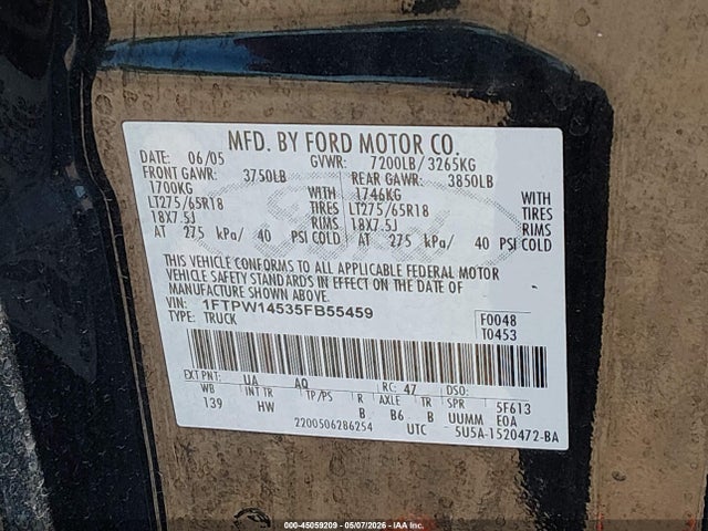 Продажа на аукционе авто 2005 Ford F-150 Fx4/lariat/xlt, vin: 1FTPW14535FB55459, номер лота: 45059209