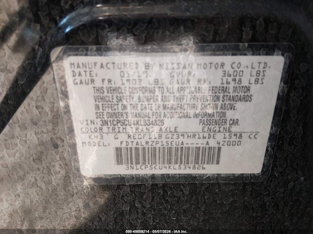 Auction sale of the 2019 Nissan Kicks S, vin: 3N1CP5CU4KL534826, lot number: 45059214