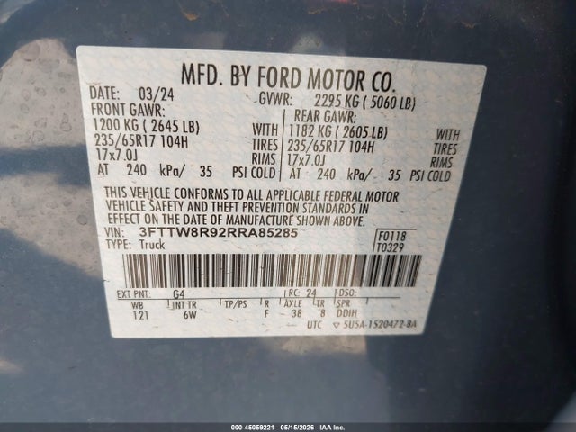 Продаж на аукціоні авто 2024 Ford Maverick Lariat, vin: 3FTTW8R92RRA85285, номер лоту: 45059221