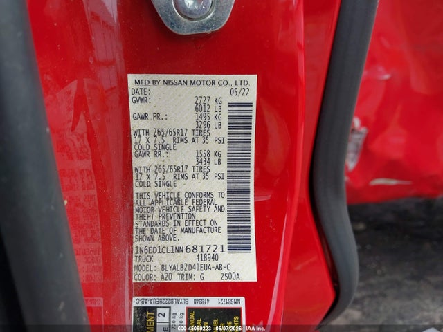 Aukcja sprzedaży 2022 Nissan Frontier King Cab Sv 4x2, vin: 1N6ED1CL1NN681721, numer aukcji: 45059223