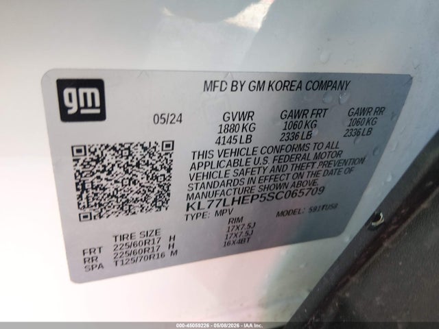 2025 Chevrolet Trax Fwd Lt მანქანა იყიდება აუქციონზე, vin: KL77LHEP5SC065709, აუქციონის ნომერი: 45059226