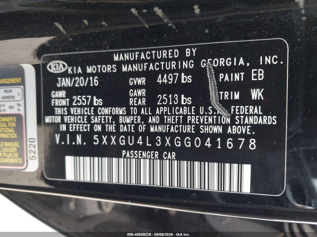 45059229 :رقم المزاد ، 5XXGU4L3XGG041678 vin ، 2016 Kia Optima Ex مزاد بيع