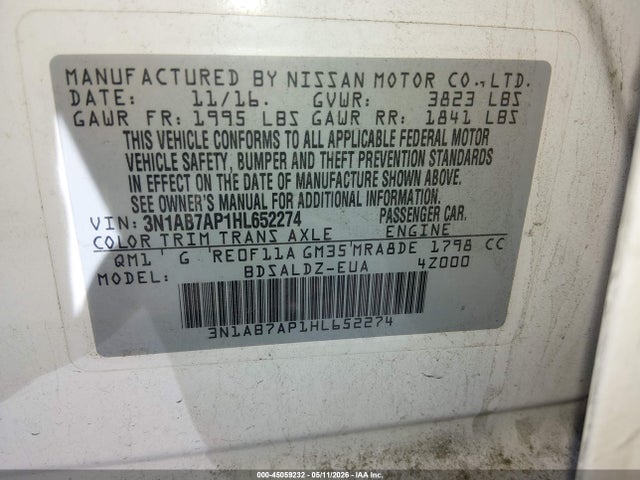 Продажа на аукционе авто 2017 Nissan Sentra Sv, vin: 3N1AB7AP1HL652274, номер лота: 45059232