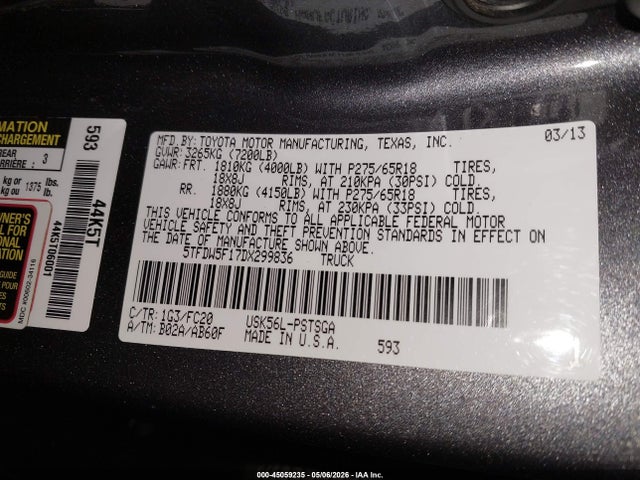 45059235 :رقم المزاد ، 5TFDW5F17DX299836 vin ، 2013 Toyota Tundra Grade 5.7l V8 مزاد بيع