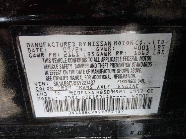 Продажа на аукционе авто 2025 Nissan Sentra Sv, vin: 3N1AB8CVXSY227437, номер лота: 45059237