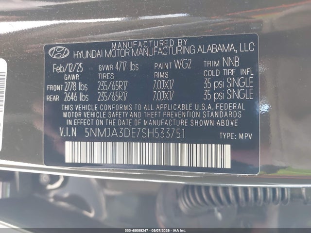 2025 Hyundai Tucson Se მანქანა იყიდება აუქციონზე, vin: 5NMJA3DE7SH533751, აუქციონის ნომერი: 45059247