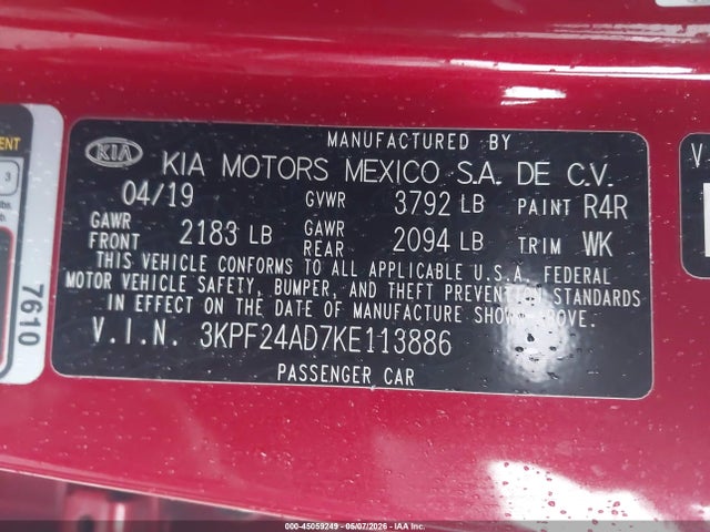 Aukcja sprzedaży 2019 Kia Forte Lxs, vin: 3KPF24AD7KE113886, numer aukcji: 45059249