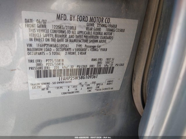 Aukcja sprzedaży 2008 Ford Taurus Limited, vin: 1FAHP25W58G109361, numer aukcji: 45059250