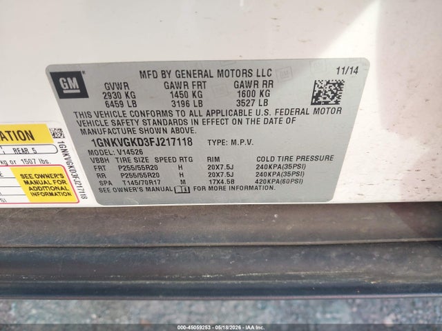 2015 Chevrolet Traverse 1lt მანქანა იყიდება აუქციონზე, vin: 1GNKVGKD3FJ217118, აუქციონის ნომერი: 45059253