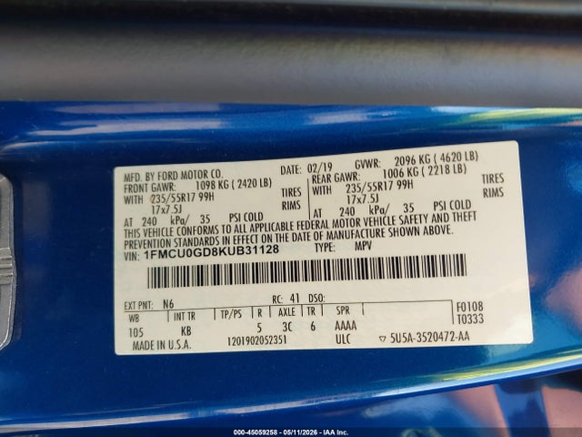 1FMCU0GD8KUB31128 Ford ESCAPE SE