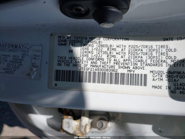 45059271 :رقم المزاد ، JTEGF21A930083962 vin ، 2003 Toyota Highlander V6 مزاد بيع