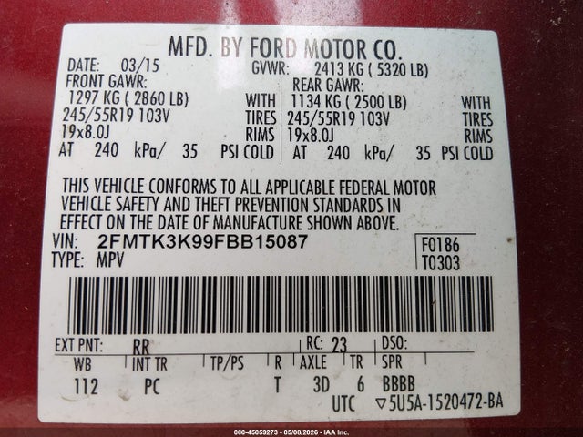 45059273 :رقم المزاد ، 2FMTK3K99FBB15087 vin ، 2015 Ford Edge Titanium مزاد بيع