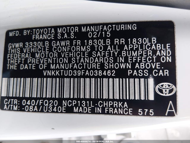 2015 Toyota Yaris L მანქანა იყიდება აუქციონზე, vin: VNKKTUD39FA038462, აუქციონის ნომერი: 45059274