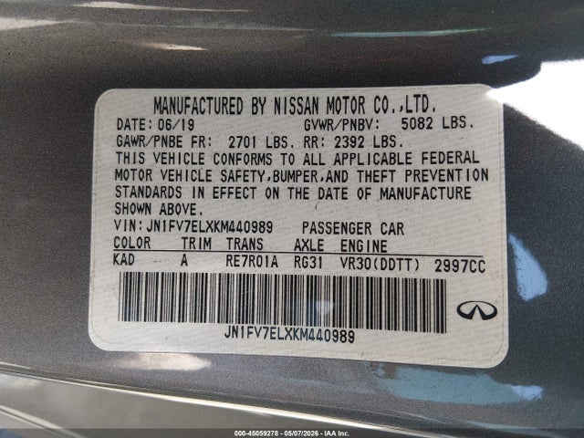 45059278 :رقم المزاد ، JN1FV7ELXKM440989 vin ، 2019 Infiniti Q60 3.0t Red Sport 400 مزاد بيع