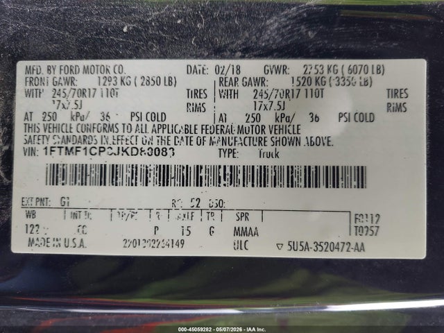 2018 Ford F-150 Xl მანქანა იყიდება აუქციონზე, vin: 1FTMF1CP3JKD80083, აუქციონის ნომერი: 45059282